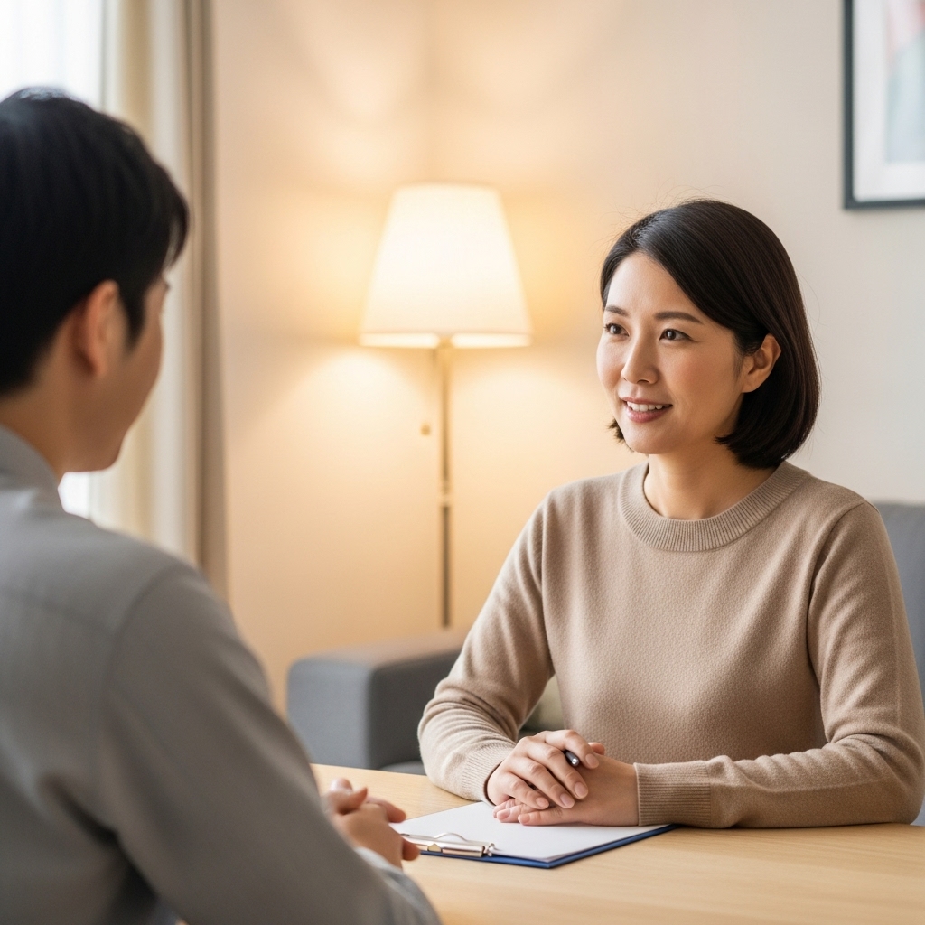 温かみのある部屋で、相談者の話に耳を傾ける性活プランナー