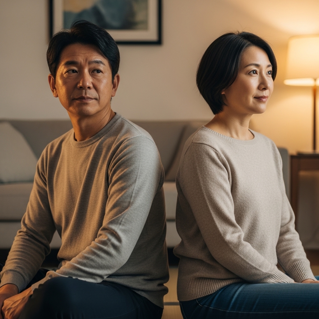 背中合わせに座り、互いに距離を感じているカップル