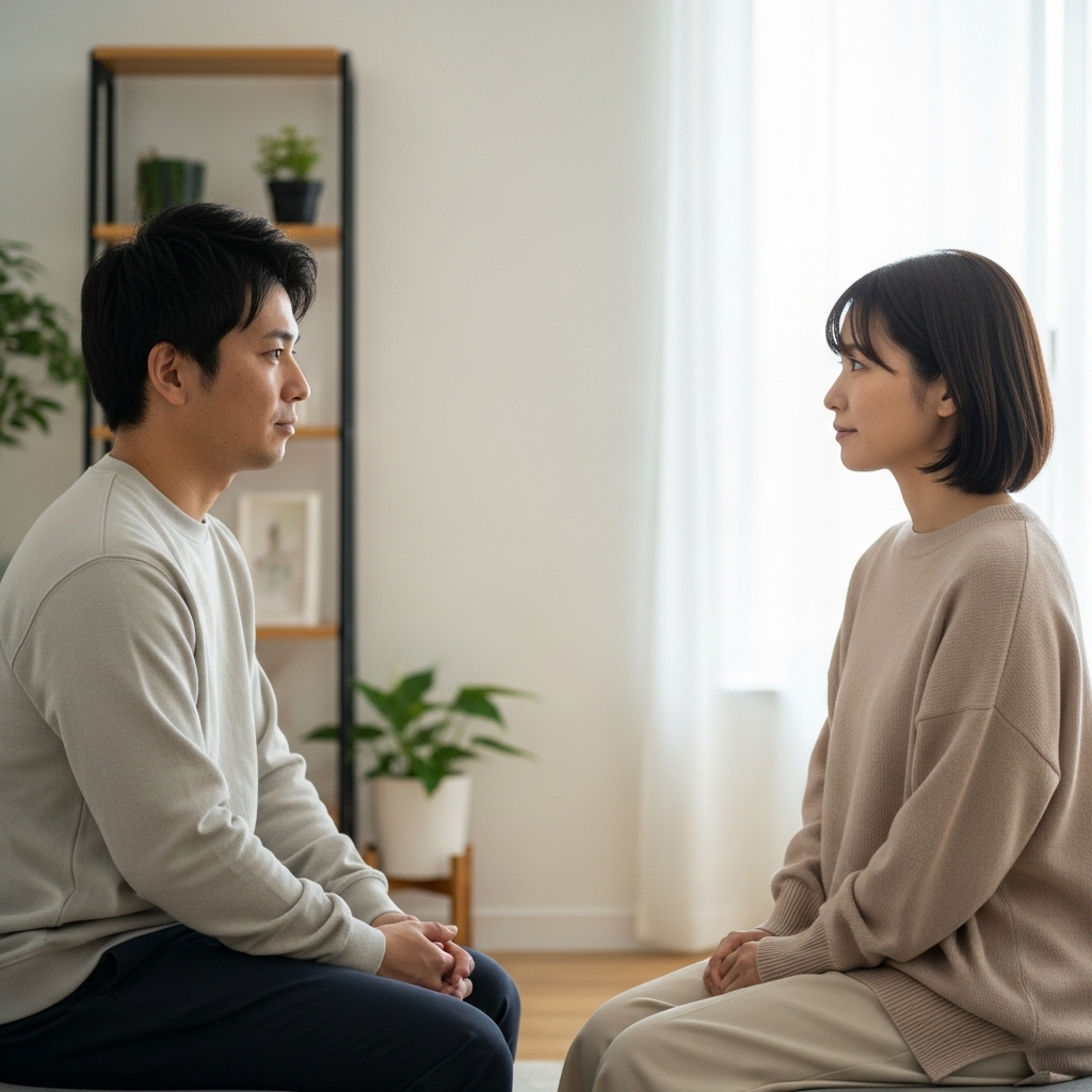 静かな部屋で向き合って話し合うカップル