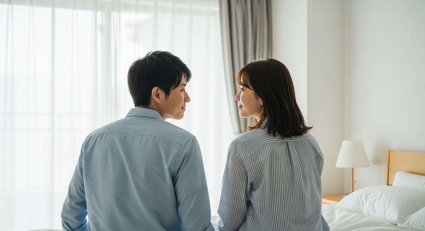 寝室で向き合い、穏やかに視線を交わすカップル